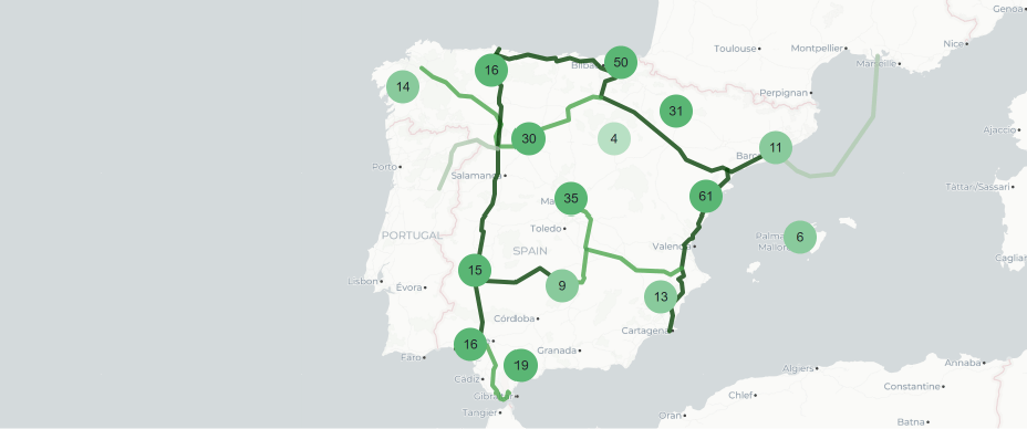 Répartition des projets d’hydrogène renouvelable recensés en Espagne et tracé du futur réseau de transport d’hydrogène